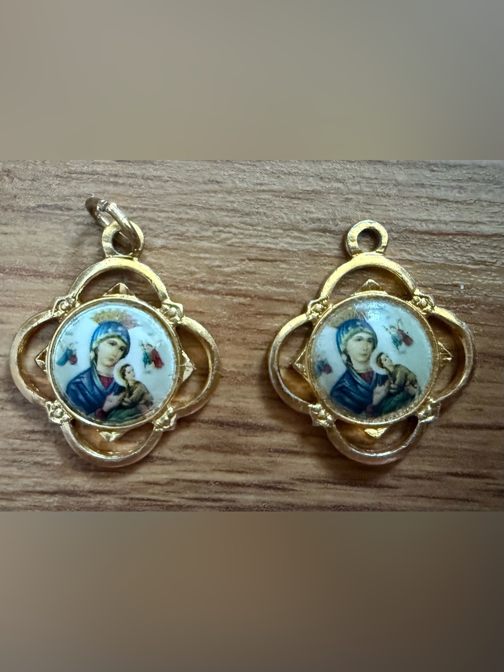 Gold-Tone Madonna and Child Pendant Necklace with Blue Accents